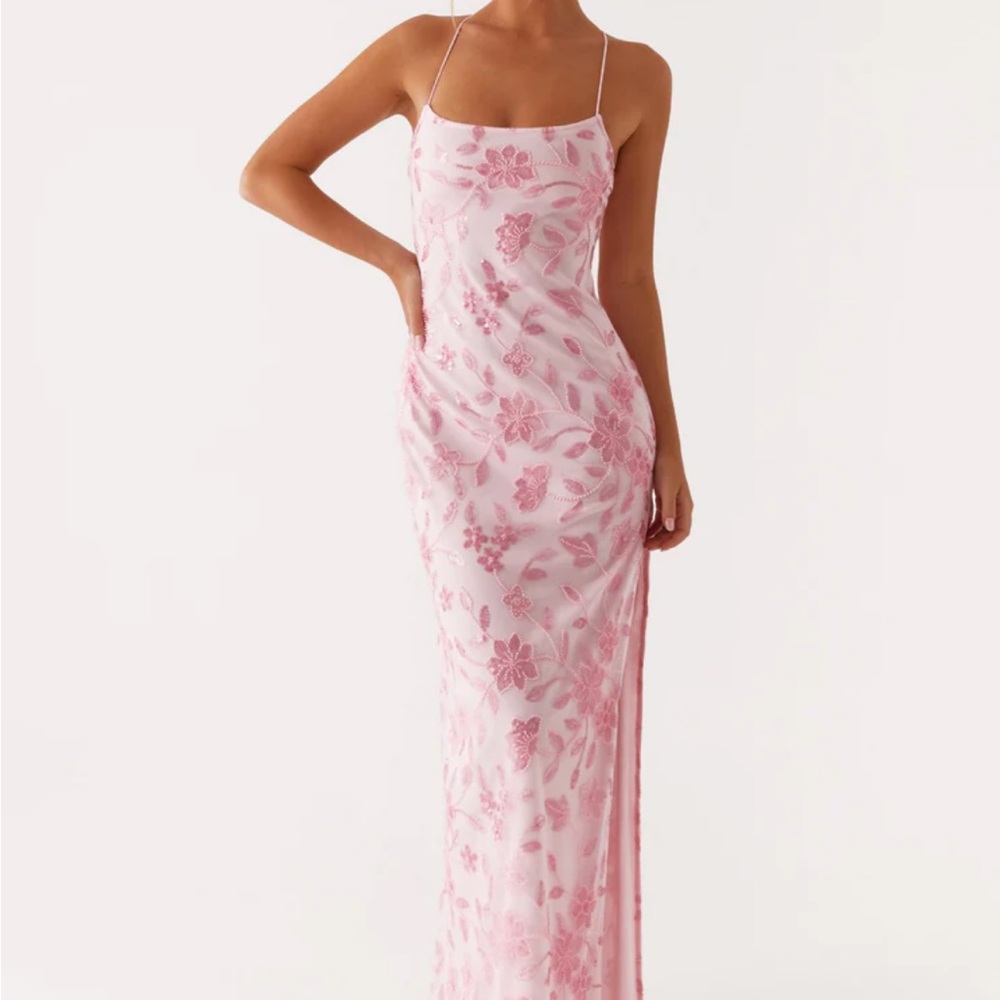 Bright Lights Beaded Maxi Dress in Pink by Peppermayo